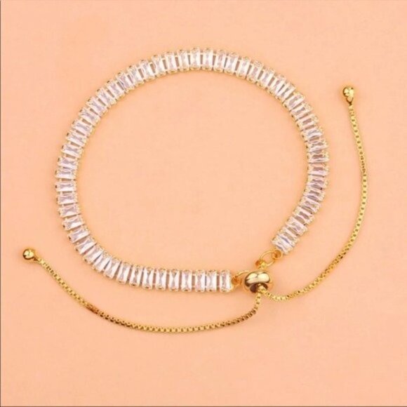 NEW Set of TWO SILVER Chain Clear Baguette Cut Crystals Dainty Bracelets - Picture 6 of 9